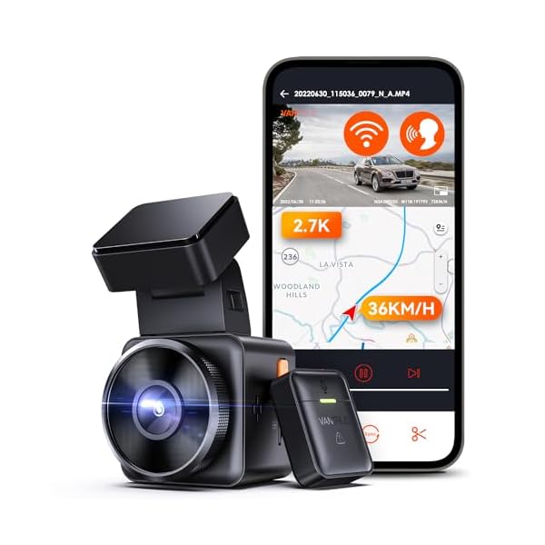 Vantrue E1 2.7K WiFi Mini Dash Cam, Voice Control Front Car Dash Camera with GPS&Speed, Super Night Vision, Wireless Controller&App, 24 Hours Parking Mode, Buffered Motion Detection, Support 512GB Max