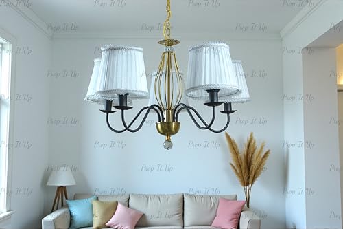 Image of Prop It Up 5-Light Chandelier with White Fabric Shades for Home, Gold and Black Metal Frame jhoomer for Hall, Crystal Accent, E27 Holder, 72x78 cm