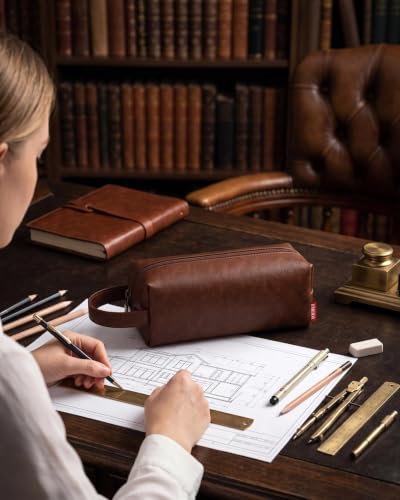 Image of Fmeida Vegan Leather Pencil Case Pouch, Office Supplies Gift for Men Women | Gift Box, Inner pocket, Carry handle, Water-resistant, for Coworkers Writers Teachers Designers