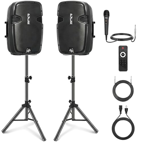 Wireless Portable PA Speaker System - 1800W High Powered Bluetooth Compatible Active + Passive Pair Outdoor Sound Speakers w/ USB SD MP3 AUX - 35mm Mount, 2 Stand, Microphone, Remote - Pyle PPHP1249KT