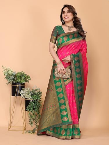 Image of Women's Kanjivaram Soft Silk Saree with Unstitched Blouse Piece Banarasi Weave Type and Jacquard Zari Design for Wedding and Parties