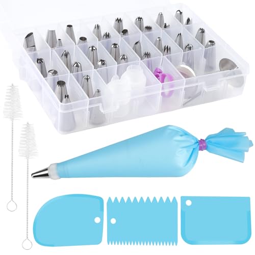 LLMSIX 42pcs Piping Bags and Tips Set with Organizer Box, Cake Decorating Kit with 36 Numbered Piping Tips, 3 Cake Scrapers, Icing Tip for Frosting Cupcakes Cookies Decoration DIY Baking Supplies