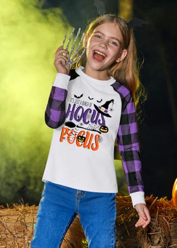 Image of BesserBay Girls Halloween Funny Plaid Graphic Shirt Long Sleeve Spooky Patchwork Raglan Top 5-14 Years