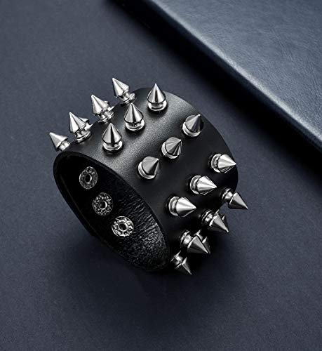 Tornito 1-2Pcs Genuine Leather Bracelet Punk Spike Studded Rivet Braided Chain Biker Bangle Three Wide Strap Gauntlet Wristband For Women Men Black Brown Size Adjustable #TOP4