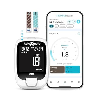 KETO-MOJO GK Bluetooth Glucose & Ketone Testing Kit  Free APP for Ketosis & Diabetes Support. 20 Blood Test Strips 10 Each, Meter, 20 Lancets, Lancing Device, and Control Solutions