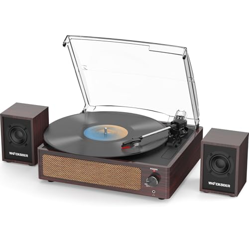 Record Player with External Bookshelf Speakers Belt-Drive Vintage Turntable for Vinyl Records Passive Dual Stereo Speakers LP Players 3 Speed Wireless AUX Headphone Auto Stop Retro Wooden Dark Red