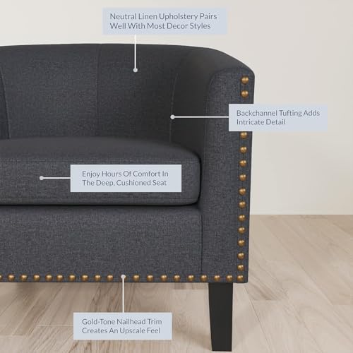 Image of BELLEZE Accent Barrel Chair Set of 2, Modern Tub Club Chair Upholstered Armchair with Gold Nail Head Trim and Black Legs for Living Room Bedroom Apartment Lounge - Gray /Linen