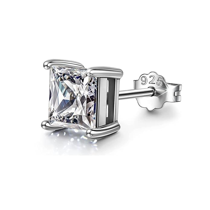 Men's Sterling Silver Moissanite Stud Earrings, Princess Cut, 0.5-1 ct, 5mm, GRA Certified, 925 Silver-image-13