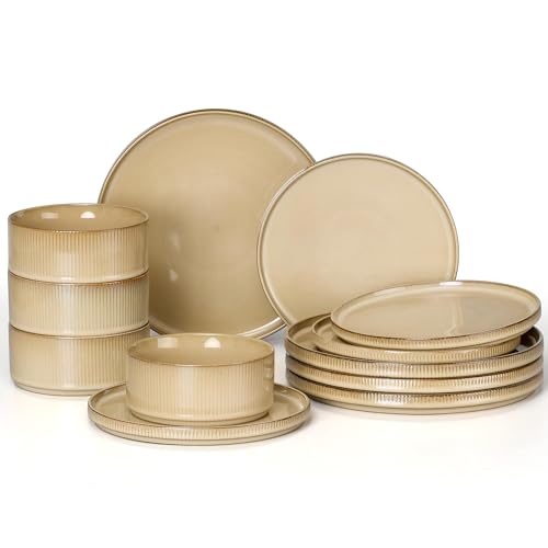 Image of E-far 12-Piece Plates and Bowls Sets, Stoneware Dinnerware Dishes Sets for 4, Kitchen Modern Dining Dishware, Chip & Scratch Resistant, Microwave & Dishwasher Safe, Caramel Khaki