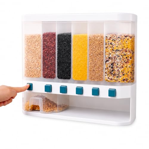 Image of 6 in 1 Wall-Mounted Grain Dispenser For Kitchen Storage Containers Organizers Box for Cereals, Pulses, Multigrain Pulses Dal Grain & Dry Food with Press Flow Control & Measuring Cup | 10 Kgs Capacity
