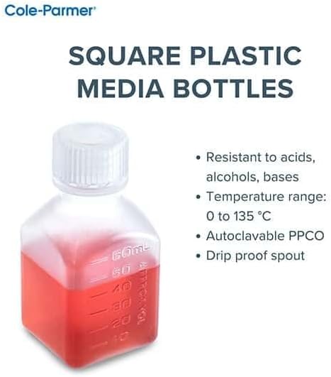Cole-Parmer Autoclavable Media Bottles, Square Plastic, PPCO, 60 mL (2 oz); 12/Pk