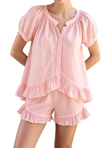 Image of Womens Ruffle Pajama Set Short Sleeve Button Down Top and Shorts | Cotton Ruffle Pajamas Set, Ruffle Shorts Set Women, 2 Piece Shorts Set for Women