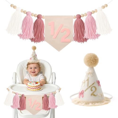 1/2 Birthday Girl Boho Half birthday Hat with Bow & Pink High Chair Banner Half Way to One Birthday Decorations