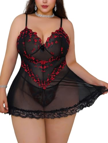 Image of Alrovetoney Women Plus Size Babydoll Lingerie Lace Chemise Mesh Sleepwear Strappy Sexy Nightgown Boudoir Outfit L-4XL
