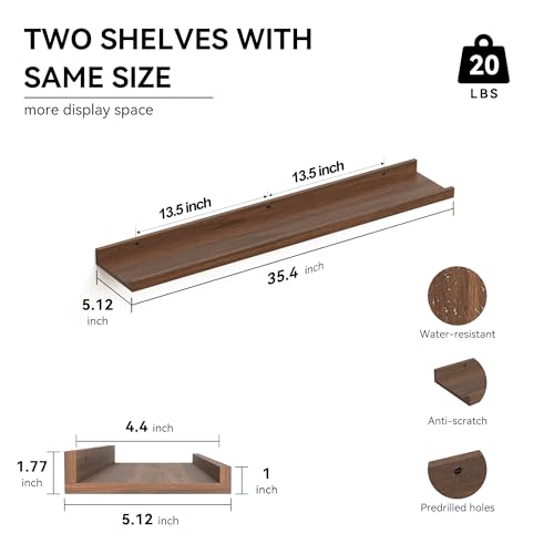 35.3 Inches Long Floating Shelves Wall Mounted, 2 Set Farmhouse Wall Shelf for Bedroom, Nursery Book Shelf with Lip, Picture Ledge Shelf for Decor Living Room Bathroom Kitchen - Walnut
