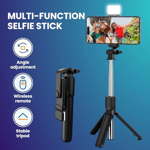Image of Elfora R1S Selfie Stick Tripod Stand | Bluetooth Wireless Remote with Rechargeable LED Light | 2 Brightness levels for Vlogging & Photoshoots | Extendable Tripod for All Smartphones and iPhones(Black)