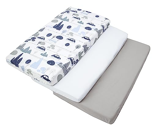 Medi Partners Lenzuola Lettino Set 3 Neonato 60x120-100% Cotone Lenzuolo con Angoli Culla Coprimaterasso fitted Materassino Sheet Letto Bambino Lenzuolino (Auto Retrò-Bianco-Grigio)