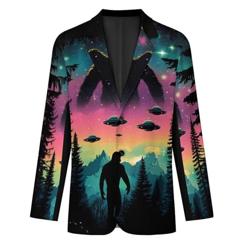 Bigfoot and Aliens Mens Suit Jacket Lapel Blazers V Neck Button Business Coat Tuxedo for Wedding Party4