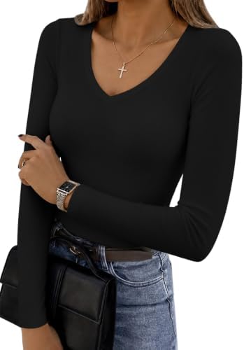 Cuptacc Langarmshirt Damen V Ausschnitt Modal Top Slim Fit Basic Pullover | Soft Modal,V Neck,Enganliegend,Stretch,Langärmlig,Feine Gerippte,Casual,Elegante,Weich,Komfort,Vielseiti