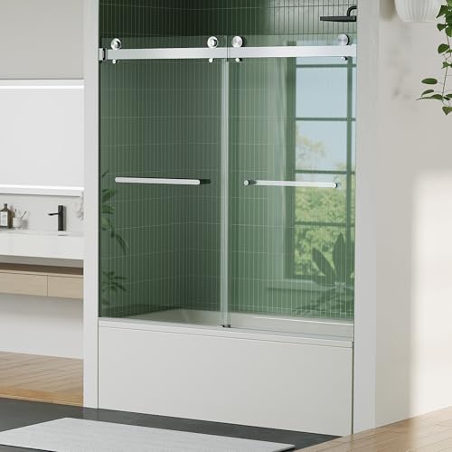 Image of GarveeTech 56-60 inch W x 59 inch H Shower Doors, Frameless Shower Door, Sliding Glass with 1 /4 inch (6mm) Clear Tempered Glass for Bathroom,Brushed Nickel