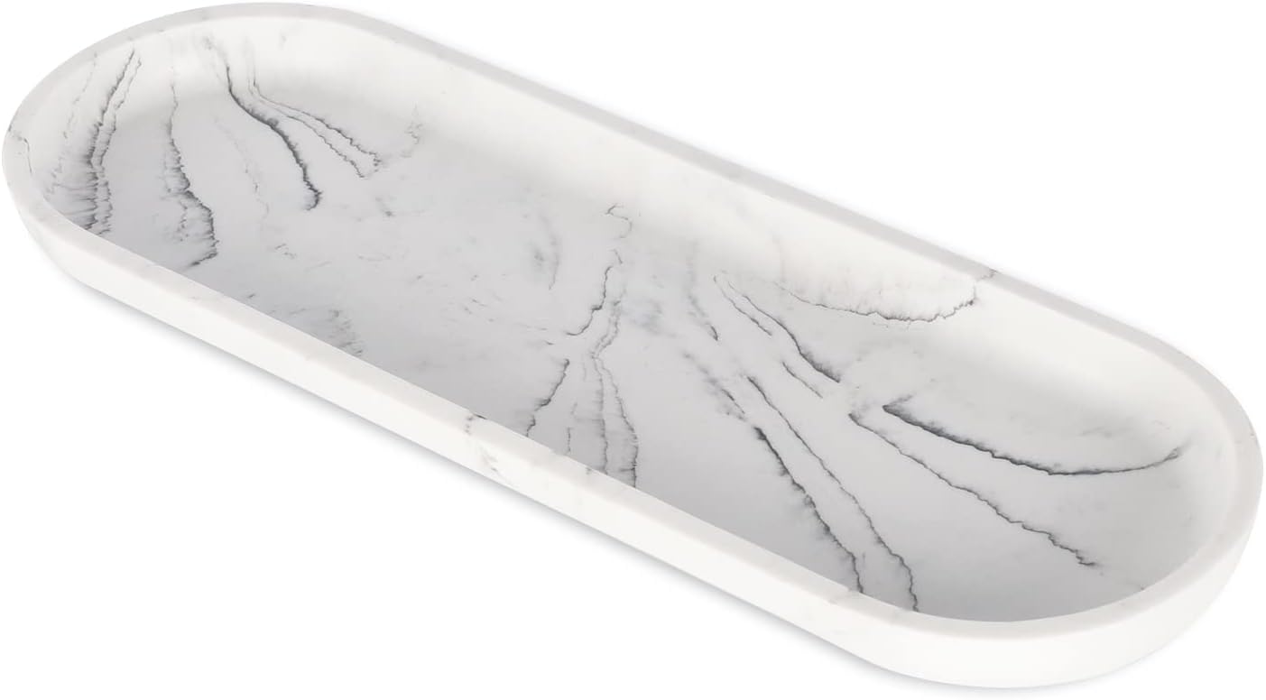 LKKLVanity Tray, Bathroom Tray Toilet Tank Storage Tray, Kitchen Trays, Vanity Countertop Organizer Tray for Jewelry, Perfume, Candles, Soap, Bottles, Oval White Large 12"