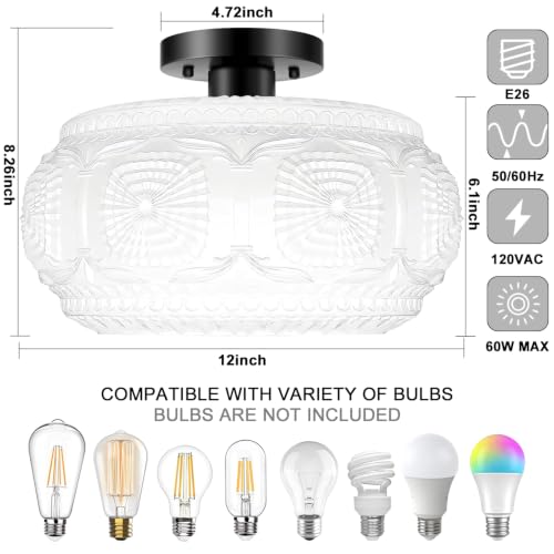 Image of 12 inch Milk Glass Semi Flush Mount Ceiling Light Fixture, Black Base