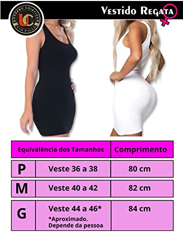 Vestido Básico Curto Regata Justo Preto Casual Decote U Branco e Preto (42, preto)
