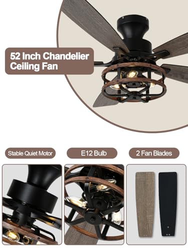 Image of 52 inch Farmhouse Rustic Flush Mount Caged Ceiling Fan with Light
