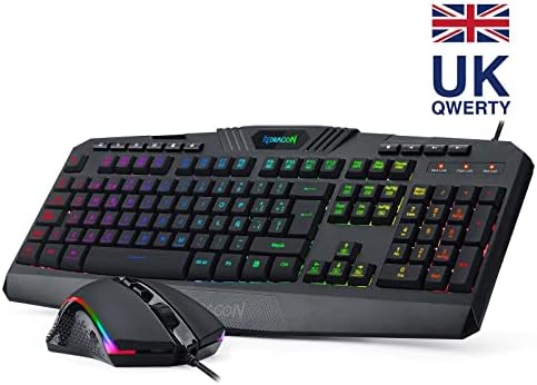 Redragon S101 RGB Backlit Gaming Mouse Keyboard Combo, Wired, 4200 DPI for Windows PC Computer Gamers, QWERTY UK Layout (Black)