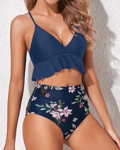 Image of Women Ruffle Bikini Set High Waisted Tummy Control Two Piece Swimsuits | Ruffle,High Waisted,Tummy Control,Removable Bra Pads,Adjustable Shoulder Straps,Full Coverage