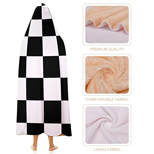 White Black Checkered Wearable Hooded Throw Blanket Warm Poncho Cloak Cape Wrap Blanket For Bed Couch Travel 40"X50" #TOP5