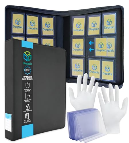 DEQADIC Top Loader Binder, 9 Pocket Holds 288 Cards, Includes 20 Toploaders, Side Loading Ringless Collection Binder for Sports Game Trading Card, Black