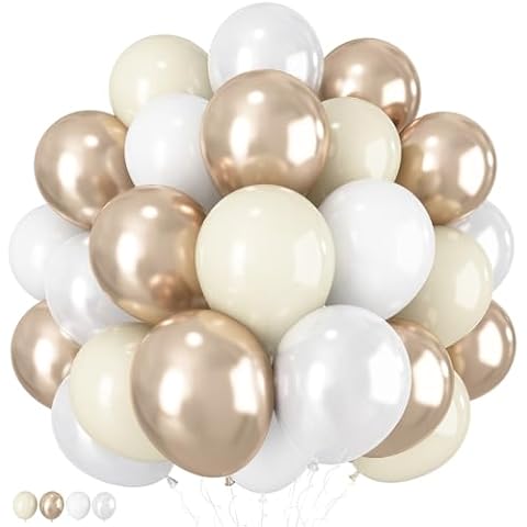 Champagne Gold and White Balloons, 60Pcs Beige White Sand Metallic Gold Pearl White Balloons for Girls, Neutral Ivory White Gold Balloons for Women Birthday Boho Wedding Engagement Party Decorations Cover