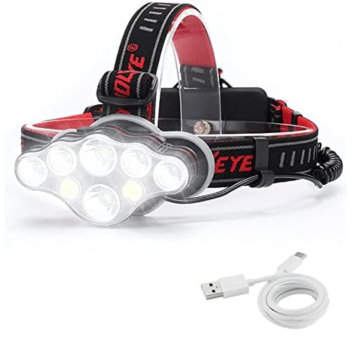Head Torch Rechargeable: 8 Lighting Modes Headlamp LED Rechargeable Super Bright 18000 Lumens Waterproof IPX5, Gifts for Men Hands-Free Flashlight Mens Gifts for Cycling, Hiking, Camping, Fishing