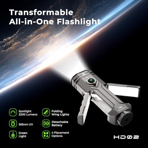 Image of Wurkkos HD02 Flat LED Flashlight, Magnetic Deformation, 3200 Lumens, 5000 mAh Rechargeable, 3000K-6500K, Four-Light Sources, Folding Wing Lighting /Spotlight /UV Light /Green Light /MagneticTail,IPX6