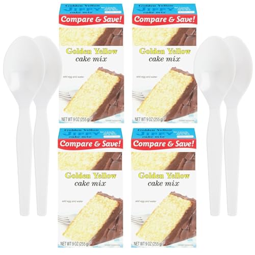 Generic Jify Golden Yellow Cake Mix, 9 Oz Box, (Pack Of 4) With Bonus 4 White Plastic Spoon By Shadow Hunter*