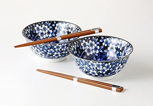 Japanbargain 4684, Japanese Porcelain Soup Bowls And Chopsticks Gift Set, Cherry Blossom Sakura Pattern Rice Bowls, Blue Color Ramen Bowl, Set Of 2, Made In Japan #TOP2