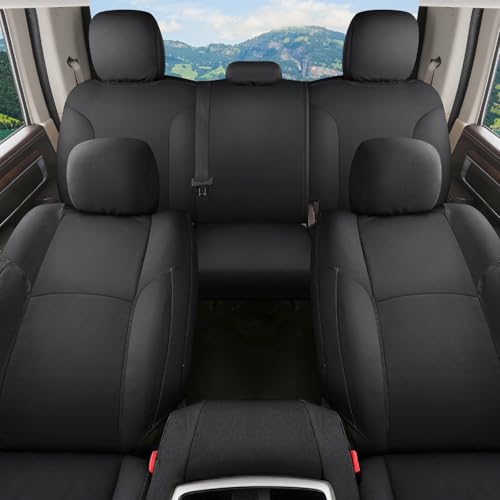 Image of Coverado Chevy Silverado Waterproof Canvas Seat Covers Full Set, Fit for 2014-2018 1500, 2015-2019 2500HD 3500HD Chevy Silverado GMC Sierra Crew Double Extended Cab (Flat Front&Curved Rear, Black)
