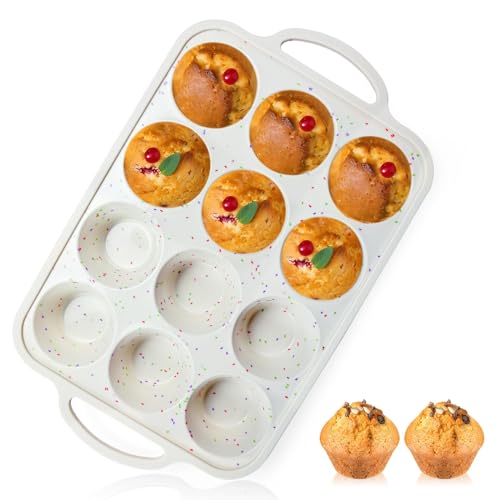 Vinino 1Pack Silicone Muffin Pan for Baking with Metal Reinforced Frame 12 Cup Regular Size Cupcake Pan BPA Free Silicone Muffin Tray Cupcake Baking Pan Molds for Oven Dishwasher Safe - Cream