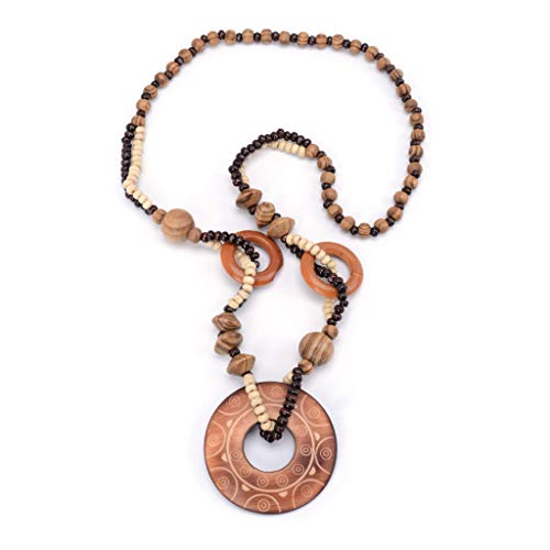 Huyiko Collier Pendentif Exotique avec Anneau en Bois Naturel Rond Creux Enique Magique Sunline