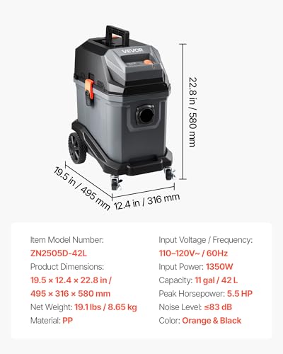 Image of VEVOR Commercial Shop Vac, 11 Gallon Wet Dry Shop Vacuum, 5.5 Peak HP Portable with One-Button Self-Cleaning, 1350W Input, 1.25in x 7ft Hose, 20ft Cord, Industrial-Grade for Jobsite, Workshop