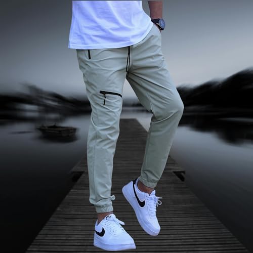 Image of Men's Regular-Fit Cargo Joggers | Trendy Lightweight Track Pants with Multi Zipper Pockets & Adjustable Waist | Versatile Trousers for Exercise, Travel & Lounge Wear