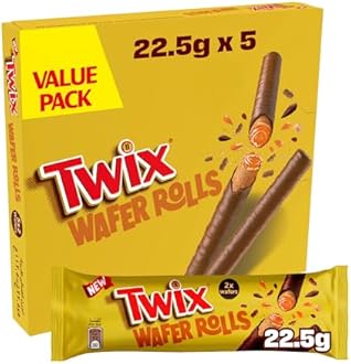 Twix Wafer Rolls Chocolate, Pack of 5x22.5g, 2 Rolls of Twix Chocolate, Crispy Biscuit Layered with Caramel and Milk Chocolate