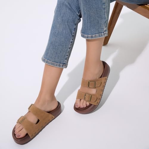 Image of UBFEN Womens Platform Slide Sandals | Real Leather,Buckle Sandals with Cushioned Flatform Footbed,Comfortable for Walking,Arch Support,Casual Styling