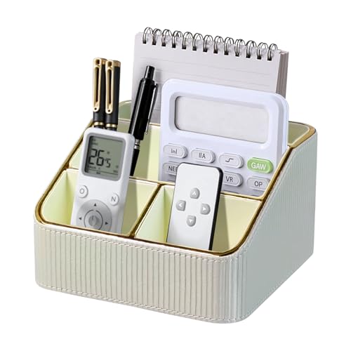 ACUDUDOMA PU Leather Remote Control Holder with 4 Compartments, Small Desk Organizer Office Supply Bedside Caddy, All-in-One Small Bedside Remote Holder Nightstand Desktop Organizer