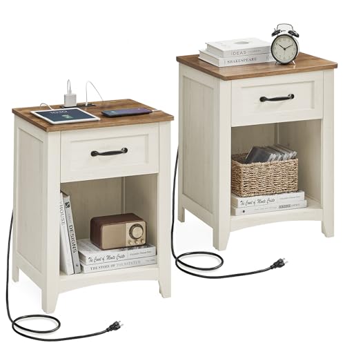 VASAGLE LIRY Collection - Farmhouse Nightstands with Charging Station, Set of 2 Bedside Tables, Side...