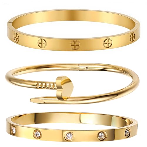 18K Gold Plated Stainless Steel Love Nail Bangle Clover Bracelet Set Stackable Dupes for Love Trendy Jewelry (gold)