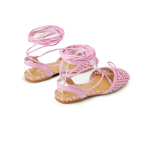 Image of Woven Ballet Flats for Women Lace Up Closed Square Toe Summer Sandals Dressy Shoes