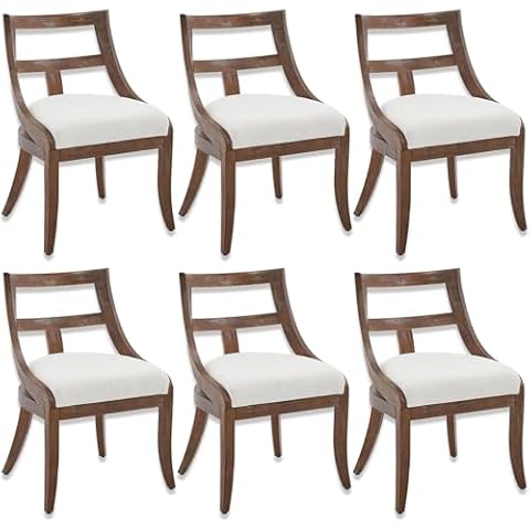 LZAREAL Modern Farmhouse Dining Chairs Set of 6 Mid Century Upholstered Dining Chair with Wooden Curved Back Kitchen Chairs for Dining Room Restaurant Cafe, Brown Walnut Colored-Linen Beige Cover
