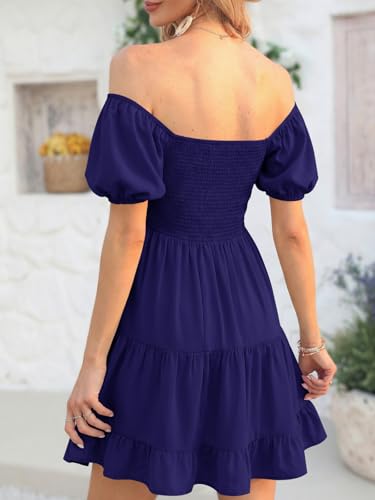 Image of Veatzaer Women's Puff Sleeve Square Neck Smocked Babydoll Dress Boho Floral Print Off Shoulder Ruffle Mini Short Dress